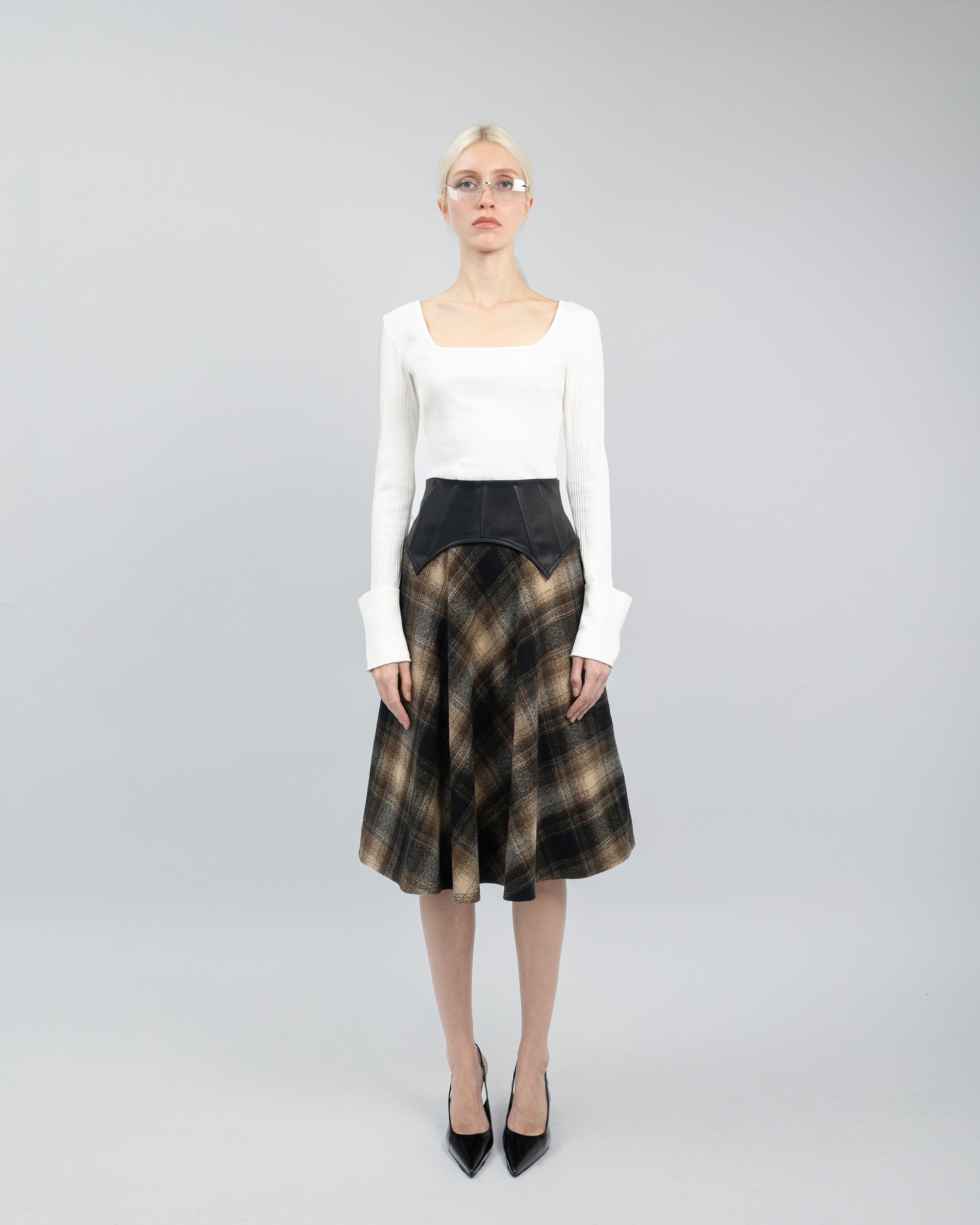Arebella Plaid Skirt with Leather Waist Cincher
