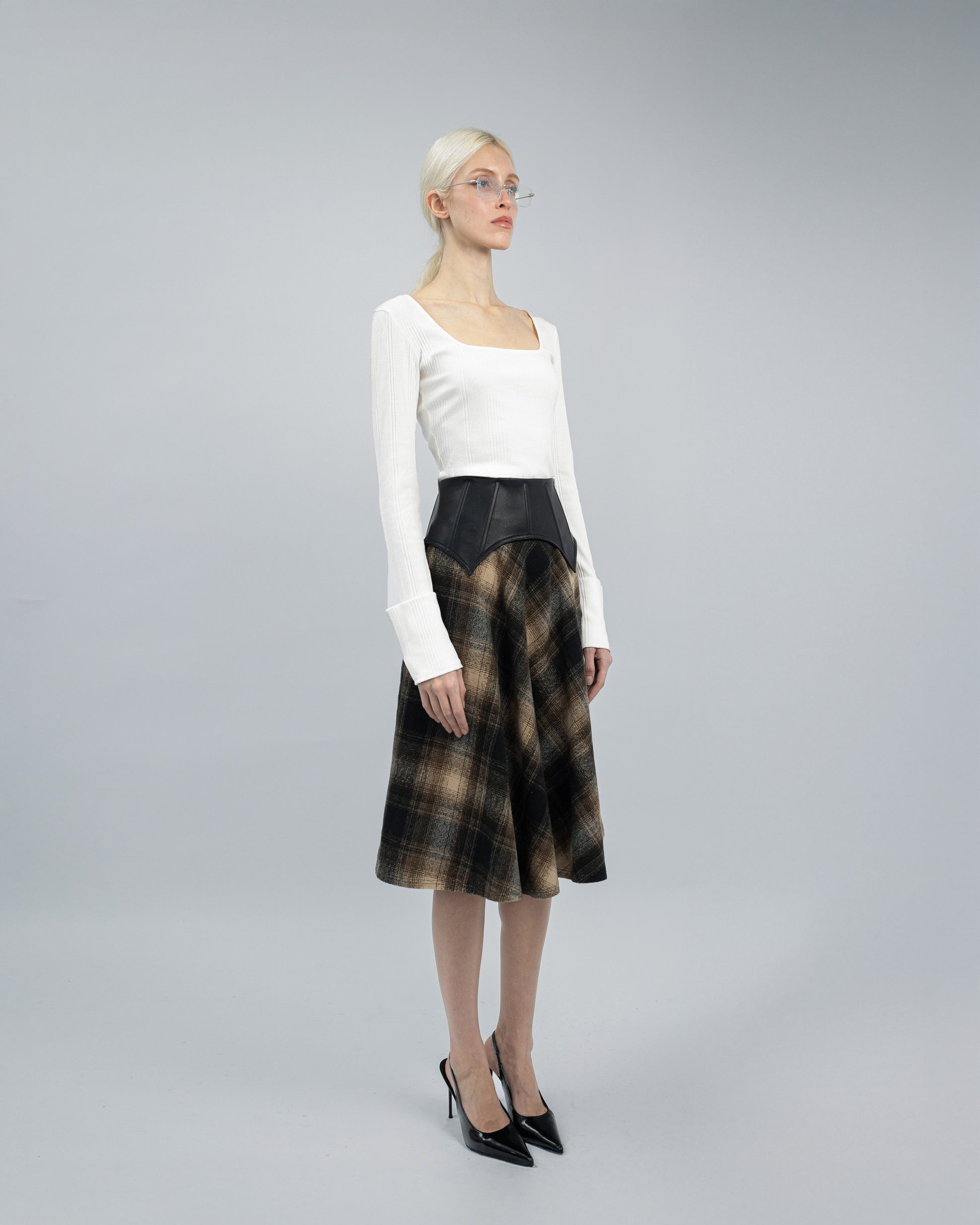 Arebella Plaid Skirt with Leather Waist Cincher