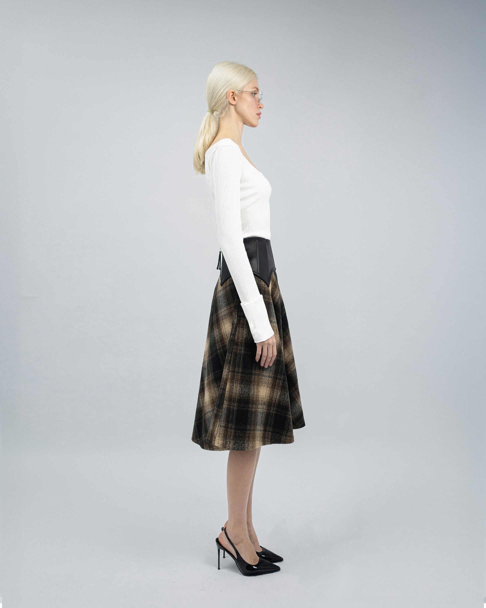 Arebella Plaid Skirt with Leather Waist Cincher
