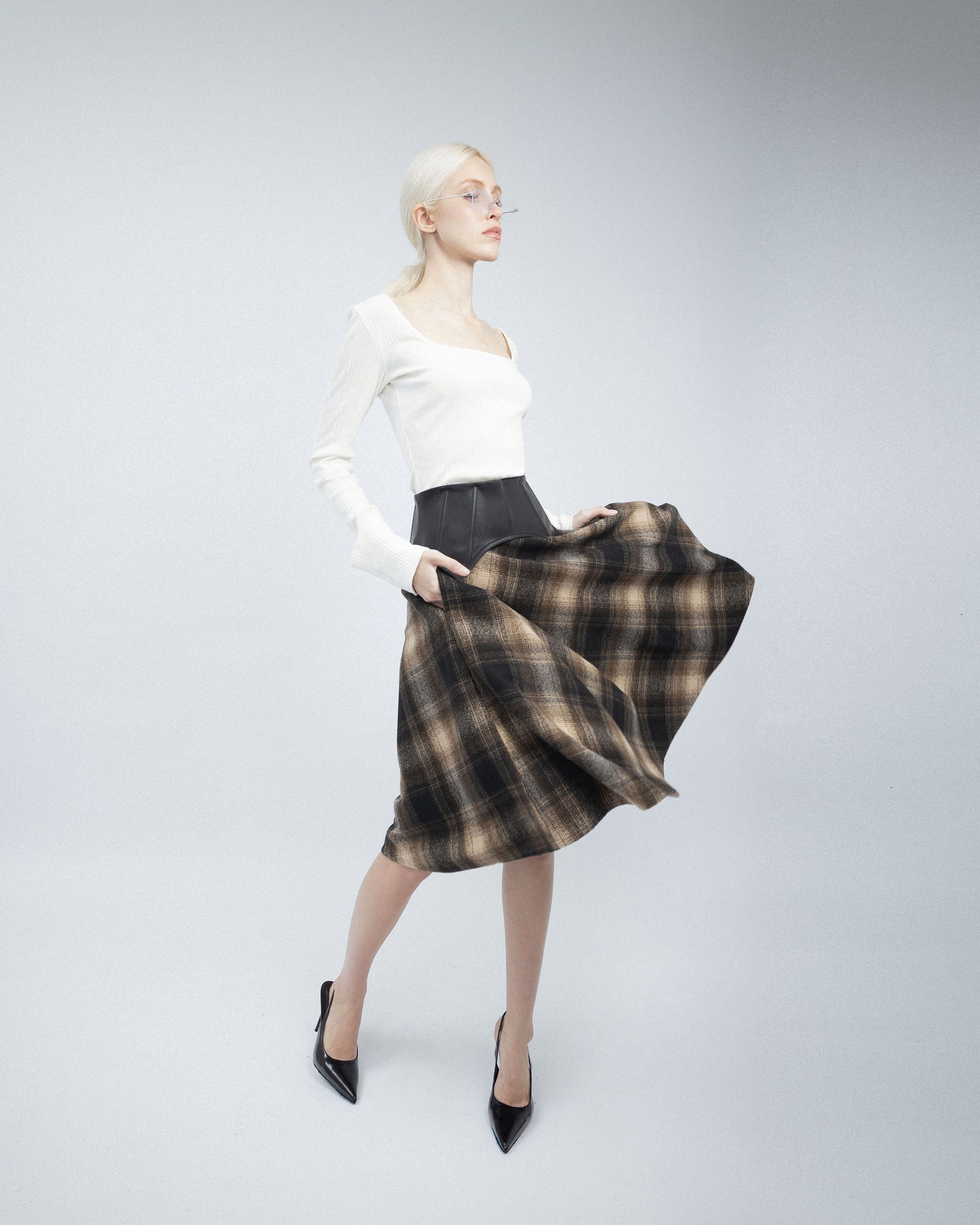 Arebella Plaid Skirt with Leather Waist Cincher