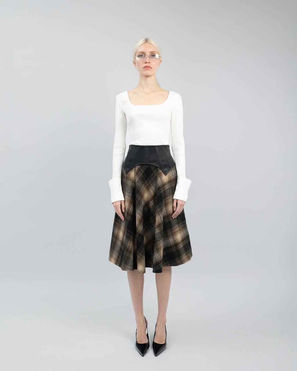 Arebella Plaid Skirt with Leather Waist Cincher