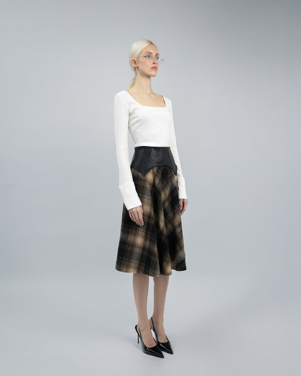 Arebella Plaid Skirt with Leather Waist Cincher