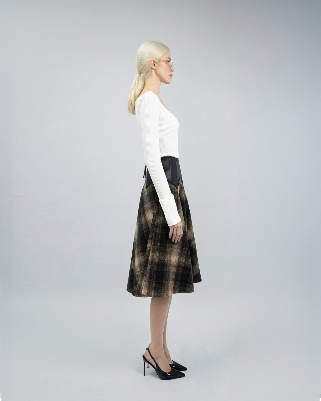 Arebella Plaid Skirt with Leather Waist Cincher