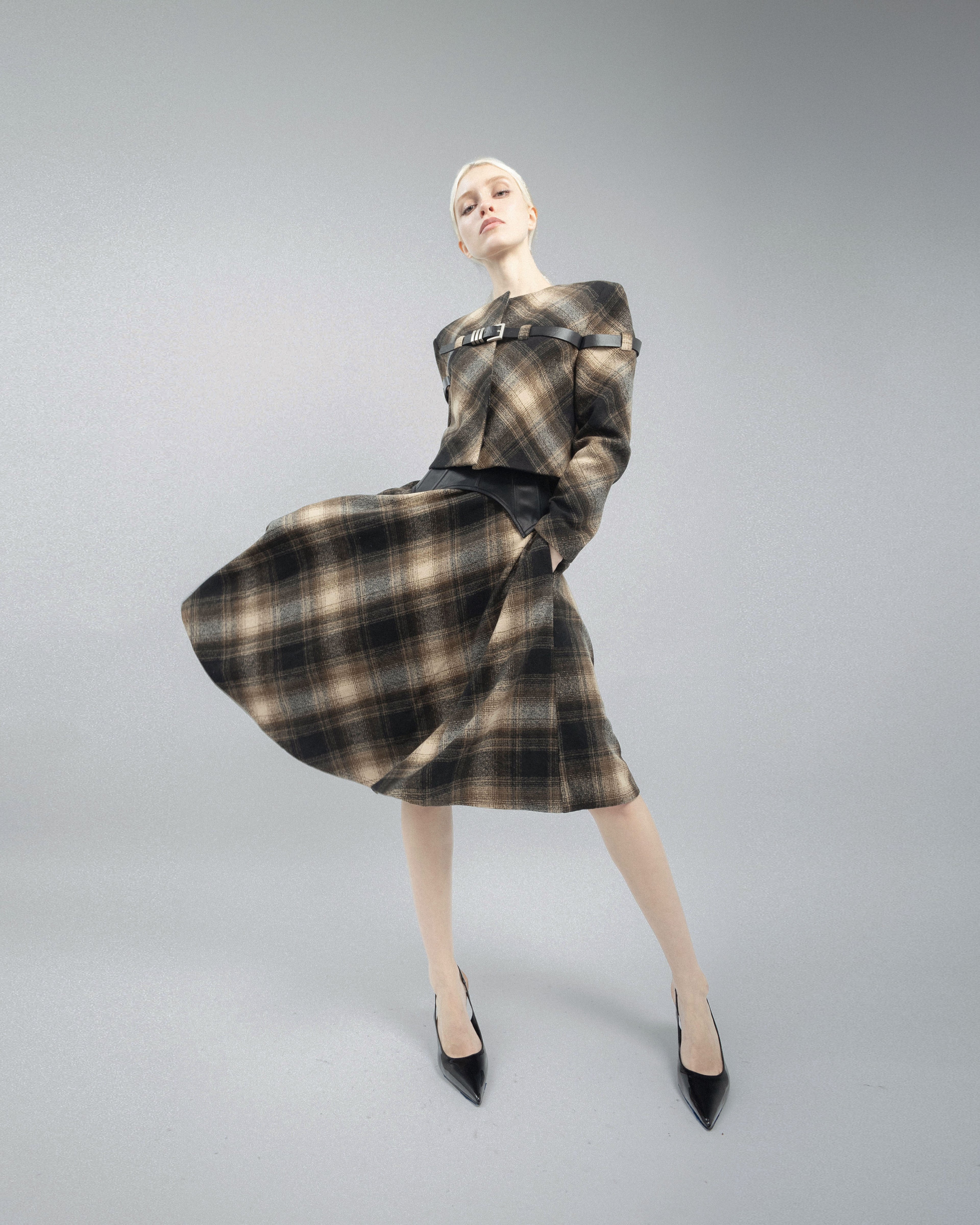Arebella Plaid Skirt with Leather Waist Cincher
